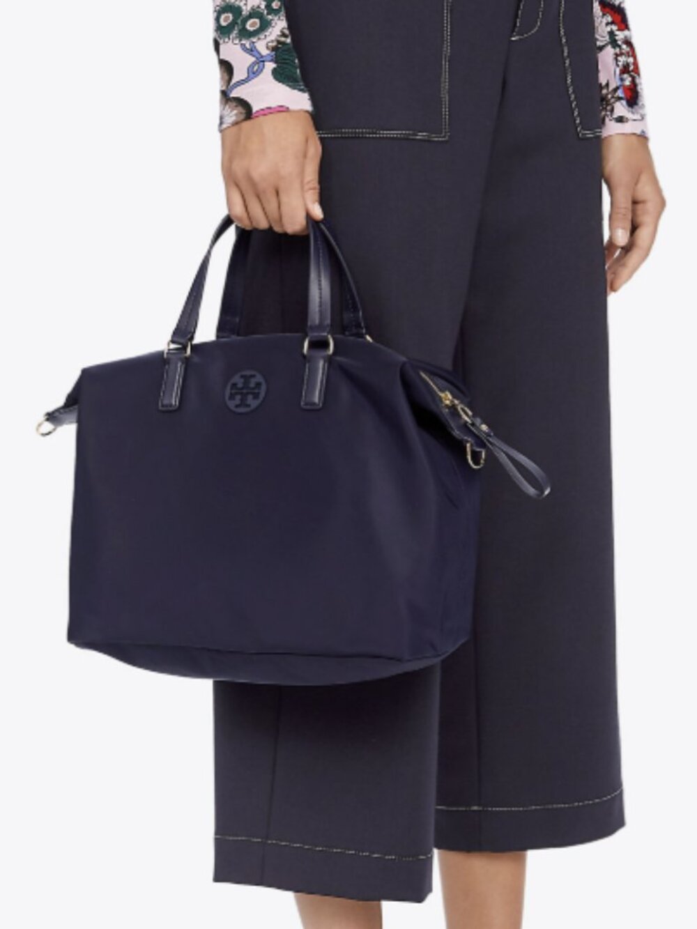 Tory Burch Tilda Nylon Slouchy Satchel Tote Purse Bag Handbag Navy Blue